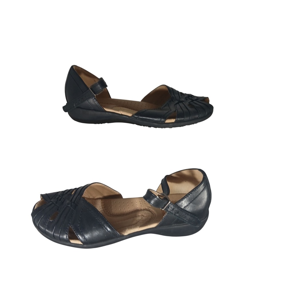 Earth Spirit Elena Black Leather Huarache‎ Peep Toe Buckle Flat Sandals Mens 6.5